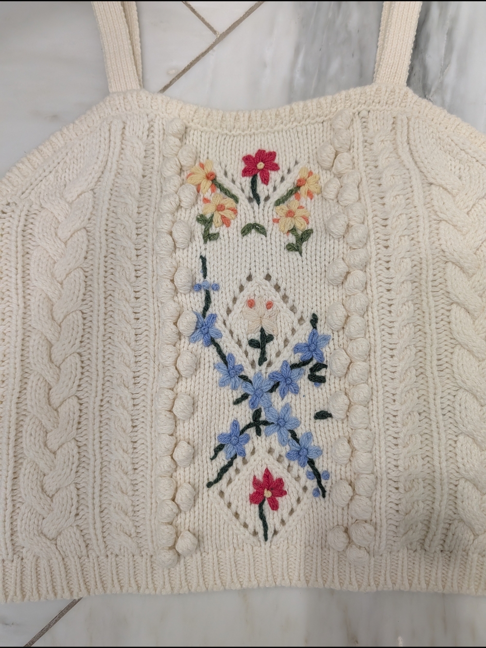 Polo by Ralph Lauren Cream Wool Blend Cable Knit Floral Embroidered Sweater Tank - Picture 2 of 7